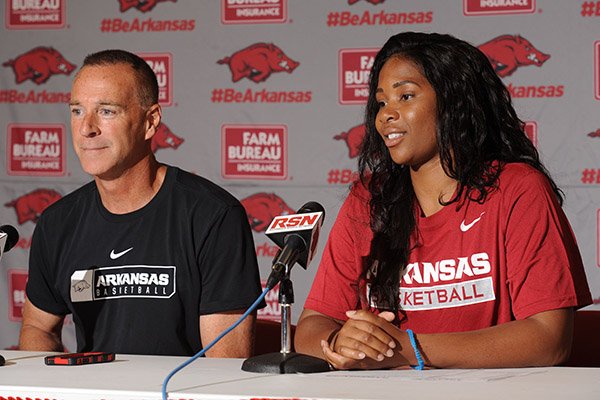 Arkansas women's basketball coach Jimmy Dykes speaks Wednesday, June 8, 2016, to announce the hire of assistant coach Chenel Harris at Bud Walton Arena in Fayetteville. Harris replaces Christy Smith, who left to take the head coaching job at University of the Incarnate Word.