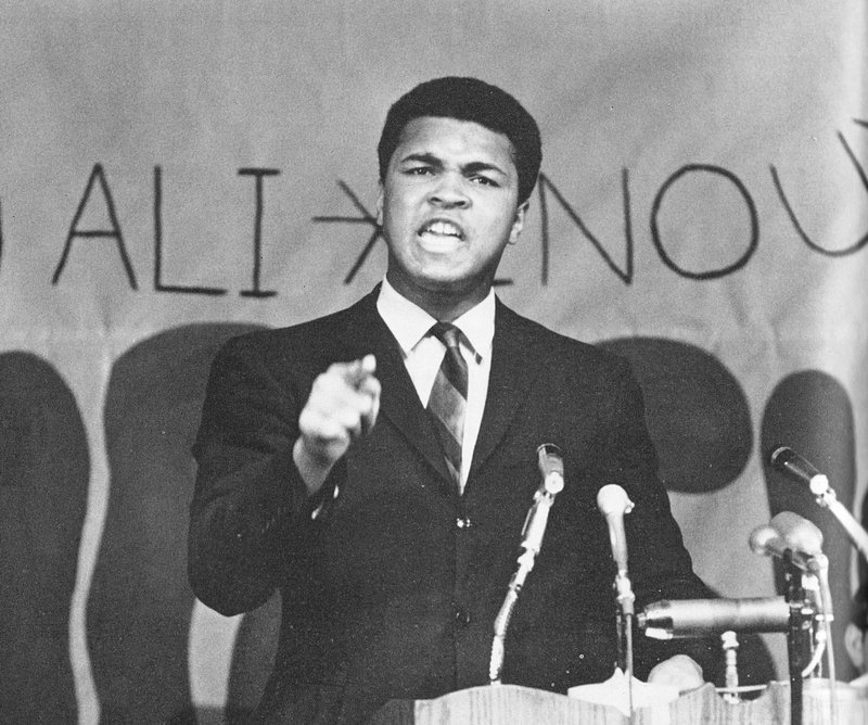 Muhammad Ali speaks at the University of Arkansas at Fayetteville on March 12, 1969. 