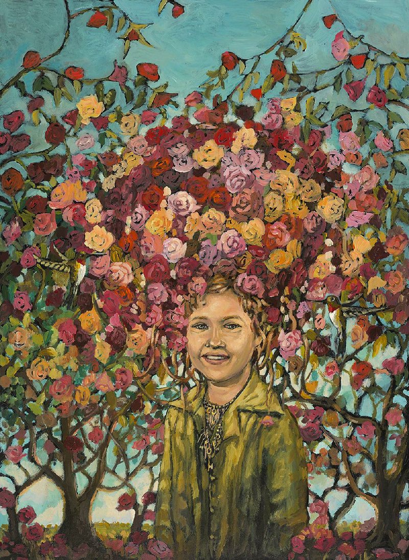 A woman feels right at home with the roses in Belonging, an acrylic painting by Renee Williams at Mugs Cafe.