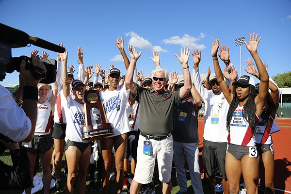 Arkansas celebrates winning the women's team title at the NCAA outdoor track and field championships in Eugene, Ore., Saturday, June 11, 2016. (AP Photo/Ryan Kang)