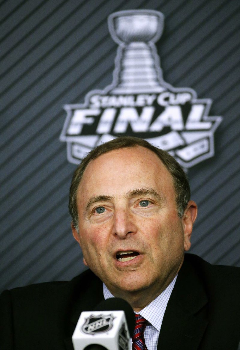 NHL Commissioner Gary Bettman speaks to the media before Game 1 of the Stanley Cup final series between the San Jose Sharks and the Pittsburgh Penguins Monday, May 30, 2016, in Pittsburgh. 