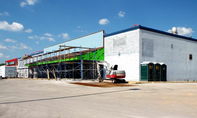 Photo by Randy Moll Work continues on the building which will house a new Harp&#8217;s grocery store in Gentry. The store is expected to open in the latter half of September.