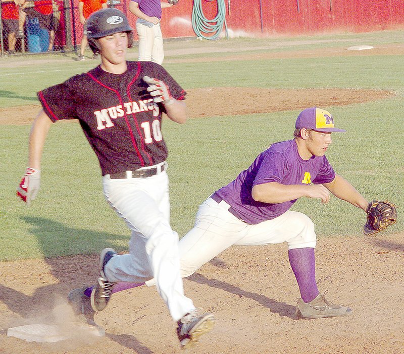 McDonald County&#8217;s Ragan Bradley just misses beating out a throw to first during the McDonald County 16u team&#8217;s 9-8 comeback win over Monett on June 9 at McDonald County High School.