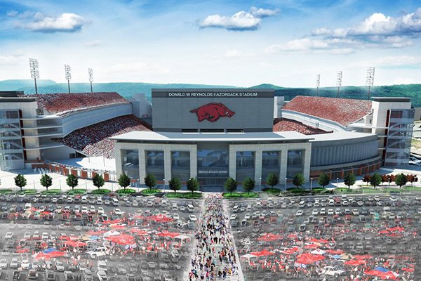 An artist's rendering shows what a proposed expansion to Donald W. Reynolds Razorback Stadium in Fayetteville might look like. The UA athletics department estimates the project would add about 4,800 seats and cost $160 million. (Photo by Razorback Athletics)