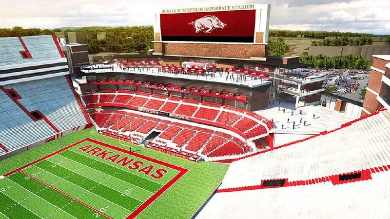 A $160 million construction project for Donald W. Reynolds Razorback Stadium, shown in this artist rendering of the expansion, was approved Thursday by the University of Arkansas System board.