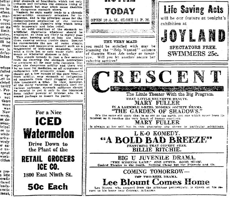 This ad for a movie purportedly about Lee Blount appeared on Page 9 of the Aug. 1, 1916, Arkansas Gazette. Note that the title is incorrect.