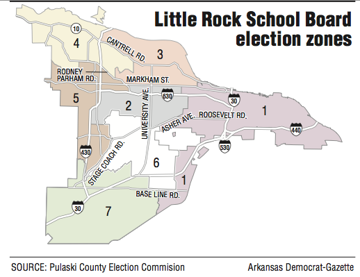 A map showing Little Rock School Board election zones.