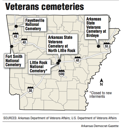 A map showing Veterans cemeteries in Arkansas.