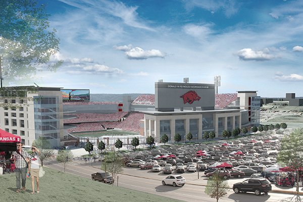 An artist's rendering shows what a proposed expansion to Donald W. Reynolds Razorback Stadium in Fayetteville might look like. The UA athletics department estimates the project would add about 4,800 seats and cost $160 million. (Photo by Razorback Athletics)