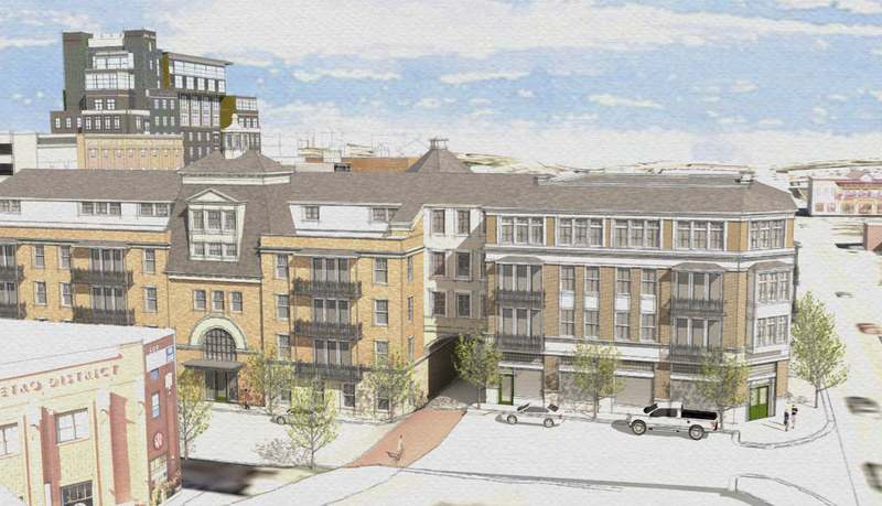 Reindl Properties has proposed building a five-story mixed-use building on the southern end of the city’s West Avenue parking lot, shown here in a rendering looking north toward Dickson Street from West Avenue and Spring Street.