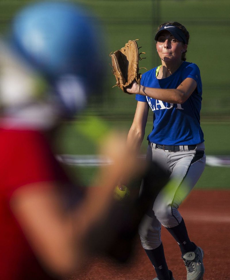 The East’s Victoria Taylor of Greenwood pitched two scoreless innings in each game of the doubleheader Tuesday at Farris Field in Conway.