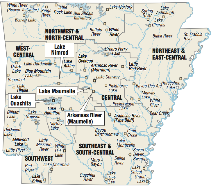 A map showing the location of Arkansas fishing spots.