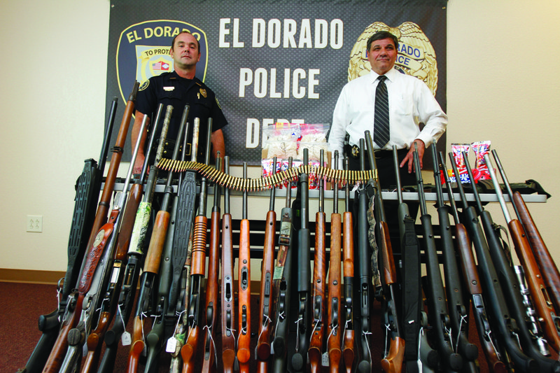 Drug Bust: El Dorado Police Chief Billy White and Union County Sheriff Mike McGough reveal multiple firearms and over $100K in illegal drugs confiscated during a traffic stop of a couple north of Junction City.