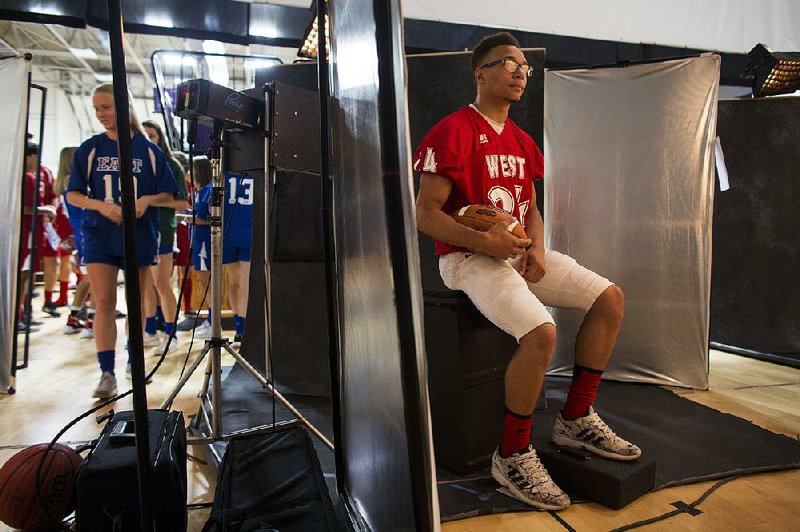 Dardanelle’s Chris Kershner has his picture taken following orientation at the Farris Center in Conway earlier this week. Kershner originally committed to Central Arkansas before deciding on Navy, where Kershner was told he’d be used as a running back. 