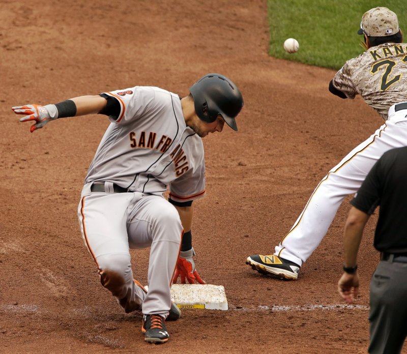 San Francisco Giants' Joe Panik, left, slides safely into third with a bases loaded triple as Pittsburgh Pirates third baseman Jung Ho Kang fields the late relay throw during the third inning of a baseball game in Pittsburgh, Thursday, June 23, 2016. 