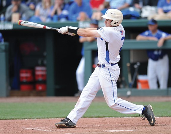 Bryant’s Evan Lee connects for a two-run home run against Conway during the Class 7A state championship game. Lee is the Tri-Lakes Edition Baseball Player of the Year.