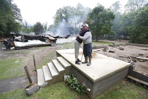 Jimmy Scott gets a hug from Anna May Watson, left, as they clean up from severe flooding in White Sulphur Springs, W. Va., Friday, June 24, 2016. 