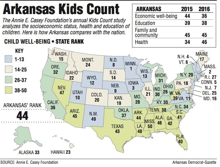 A map showing the  Annie E. Casey Foundation’s annual Kids Count study information.