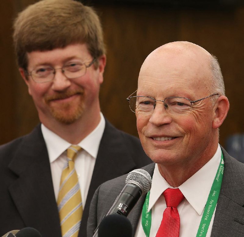 Baker Kurrus, (right) superintendent for the Little Rock School District, and Johnny Key,  Commissioner of Education for the Arkansas Department of Education, during a press conference at the Arkansas Department of Education. 