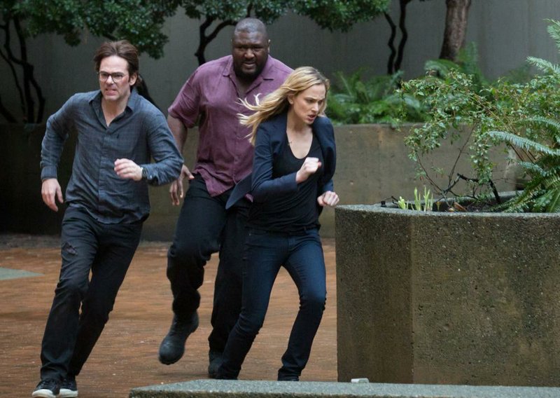 The animal apocalypse thriller Zoo returns to CBS at 8 p.m. today. Running for their lives are series stars (from left) Billy Burke, Nonso Anozie and Kristen Connolly.