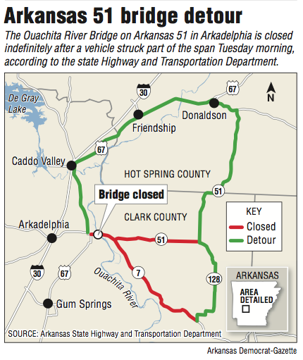 A map showing the location of the Arkansas 51 bridge detour.