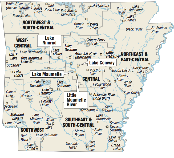 A map showing the location of Arkansas fishing spots.
