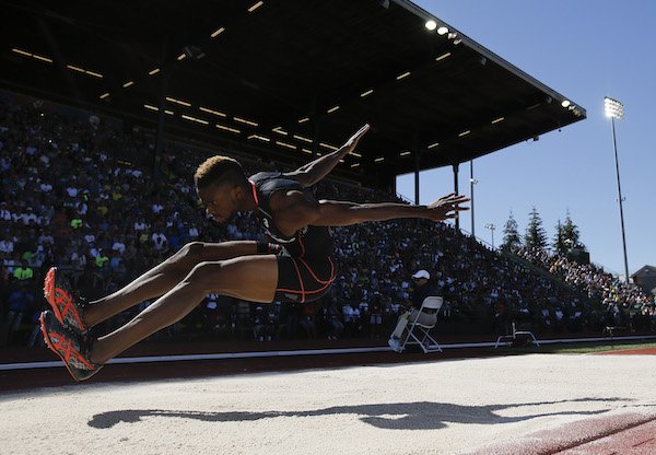 Jarrion Lawson competes in the mens long jump final at the U.S. Olympic Track and Field Trials, Sunday, July 3, 2016, in Eugene Ore. (AP Photo/Matt Slocum)