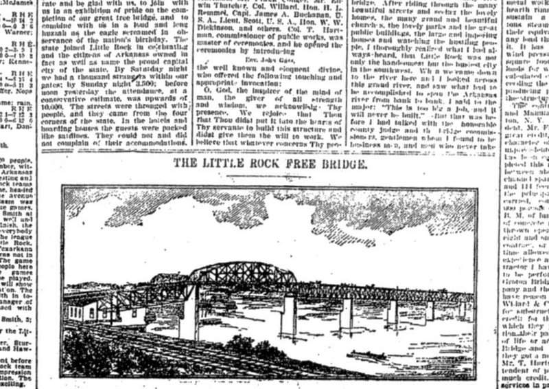 Excerpt from Page One of the Juy 6, 1897, Arkansas Gazette bearing an artist's rendering of the newly opened free bridge between Little Rock and North LIttle Rock/Argenta — the first Main Street Bridge. 