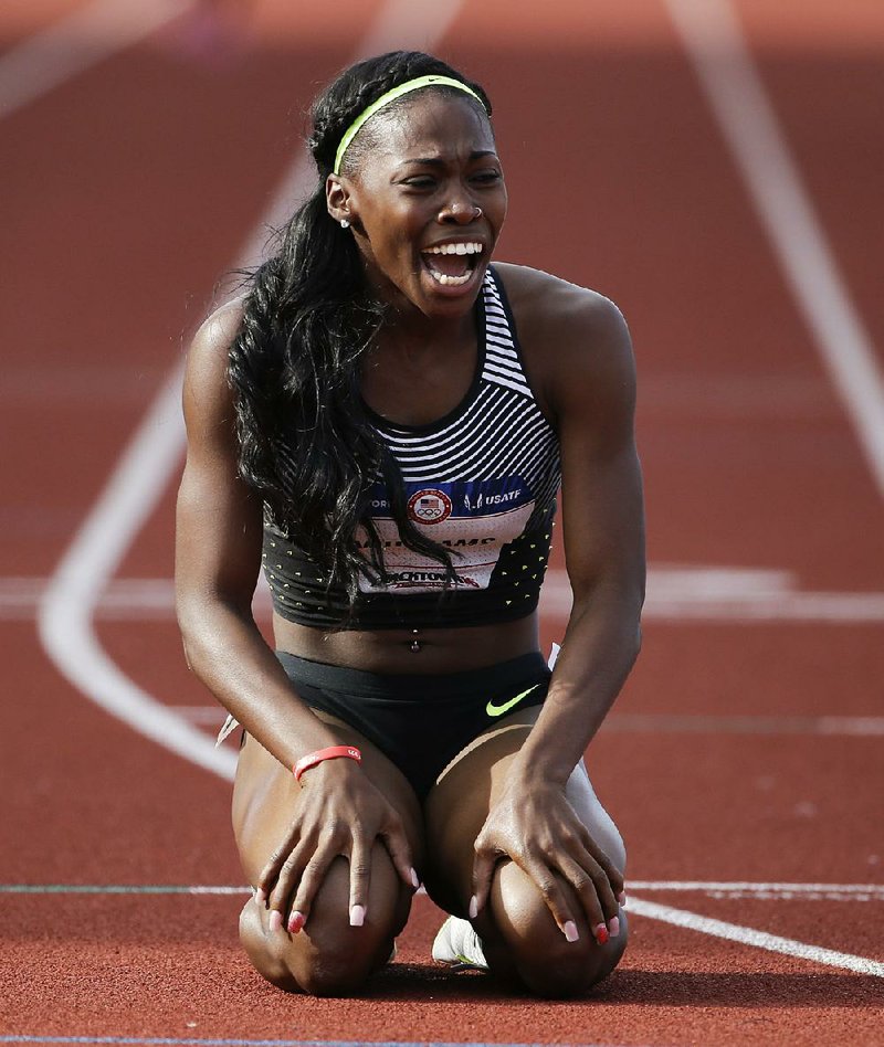 Chrishuna Williams reacts to her third place finish in the women's 800-meter final at the U.S. Olympic Track and Field Trials, Monday, July 4, 2016, in Eugene Ore. 