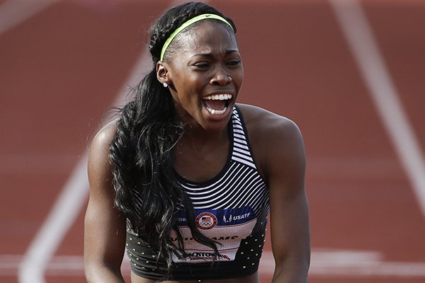 Chrishuna Williams reacts to her third place finish in the women's 800-meter final at the U.S. Olympic Track and Field Trials, Monday, July 4, 2016, in Eugene Ore. (AP Photo/Marcio Jose Sanchez)