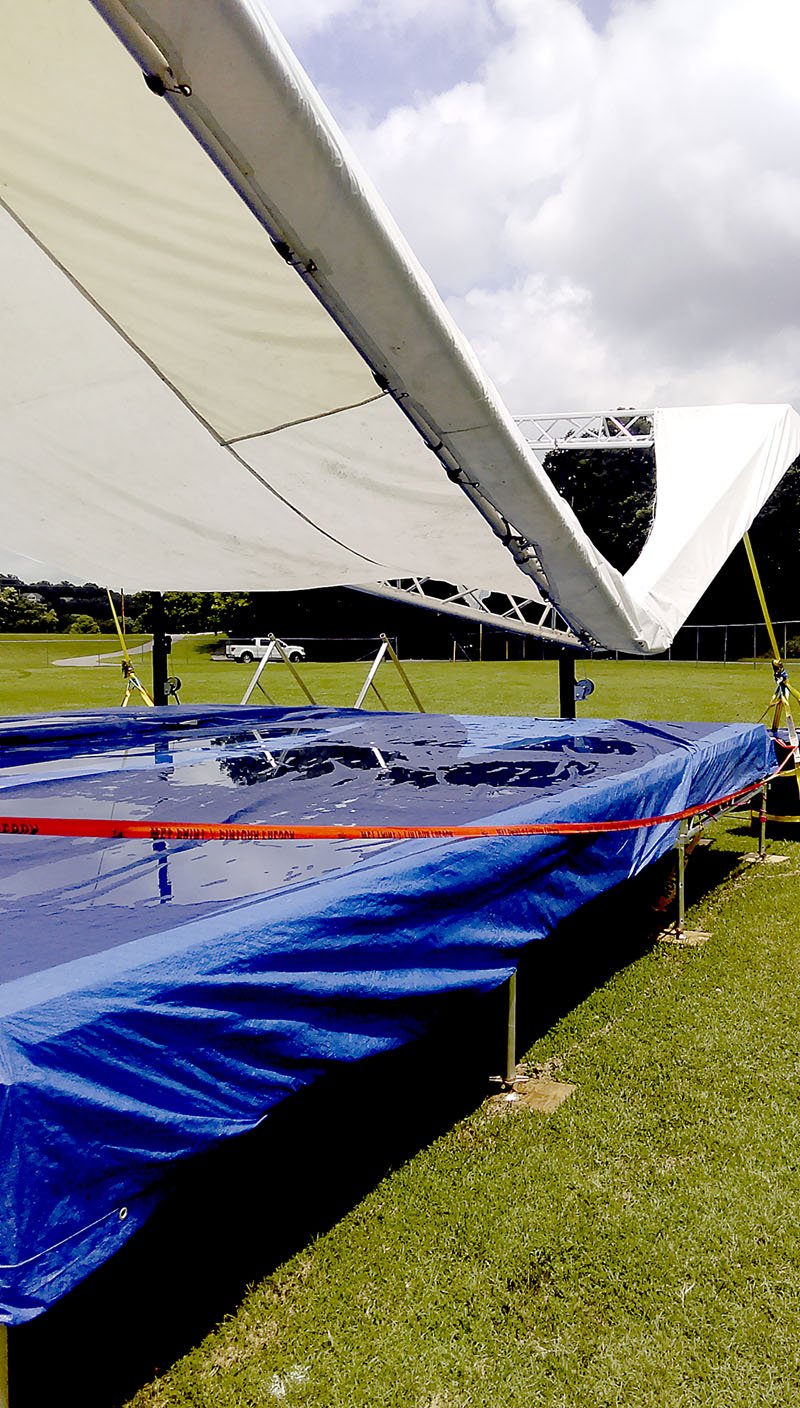 Conor Woody/The Weekly Vista Rains Sunday morning caused the canopy over the Hot Dam Blues Festival stage to collapse, forcing the festival&#8217;s cancellation. Despite the morning rain, and thunderstorms moving into the area Sunday night, the Bella Vista fireworks display went off without a hitch.