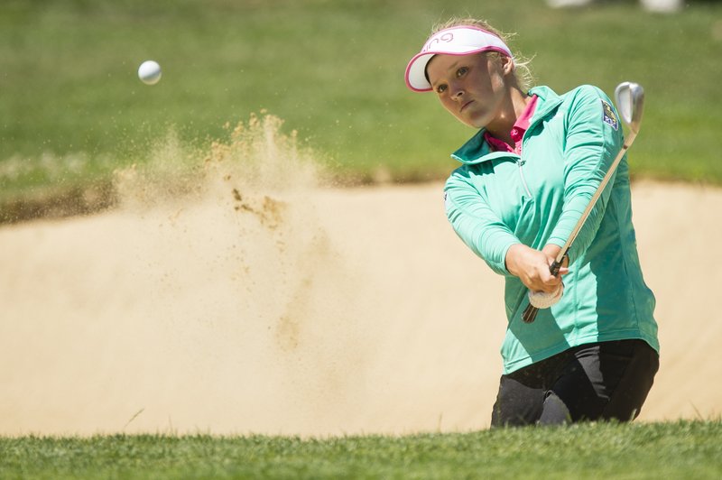 Brooke Henderson, of Canada, hits from a sand trap on the 12th hole at the LPGA Cambia Portland Classic golf tournament Sunday, July 3, 2016, in Portland, Ore. 