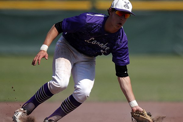 Lonoke infielder Casey Martin fields a groundball during the 4A East Regional semifinals on Friday, May 6, 2016, in Lonoke. 