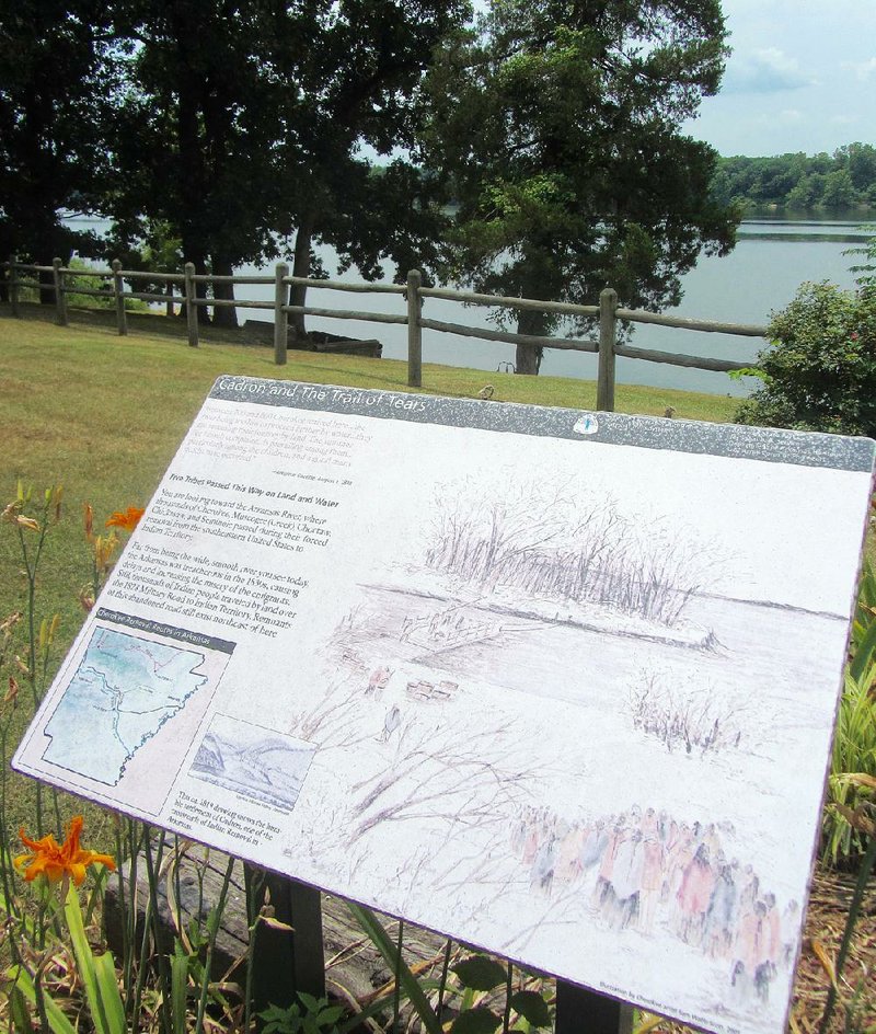 Signs at Cadron Settlement Park recount the Trail of Tears suffering that took place at this location on the Arkansas River west of Conway. 