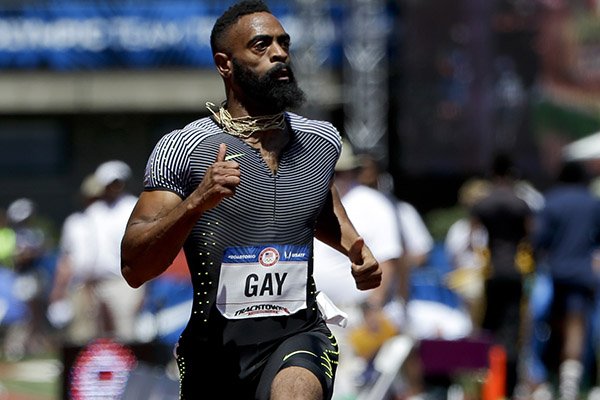 Tyson Gay competes during qualifying for men's 100-meter run at the U.S. Olympic Track and Field Trials, Saturday, July 2, 2016, in Eugene Ore. (AP Photo/Marcio Jose Sanchez)