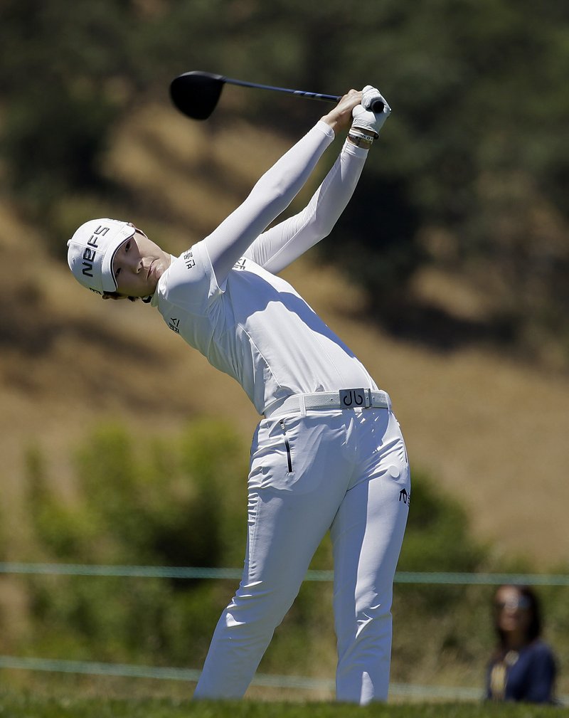 Sung Hyun Park, of South Korea, hits from the 18th tee during the second round of the U.S. Women's Open golf tournament at CordeValle, Friday, July 8, 2016, in San Martin, Calif. 