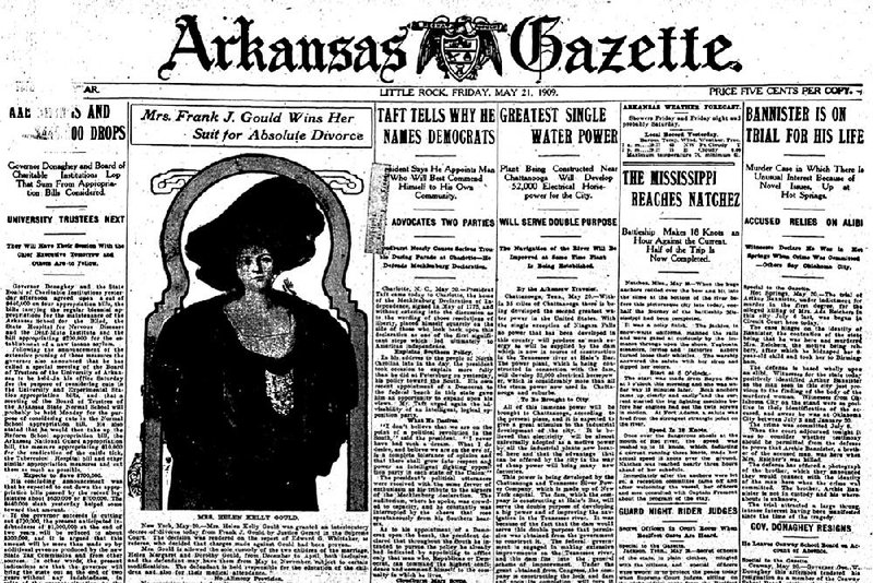 Page One of the May 21, 1909, Arkansas Gazette, a 32-page edition in two sections. On Page 14, the Gazette reported the death of T.N. "Speedy" Woodrough, a former circus performer who fell to his death from Little Rock's free bridge, probably turning a somersault on the way down.