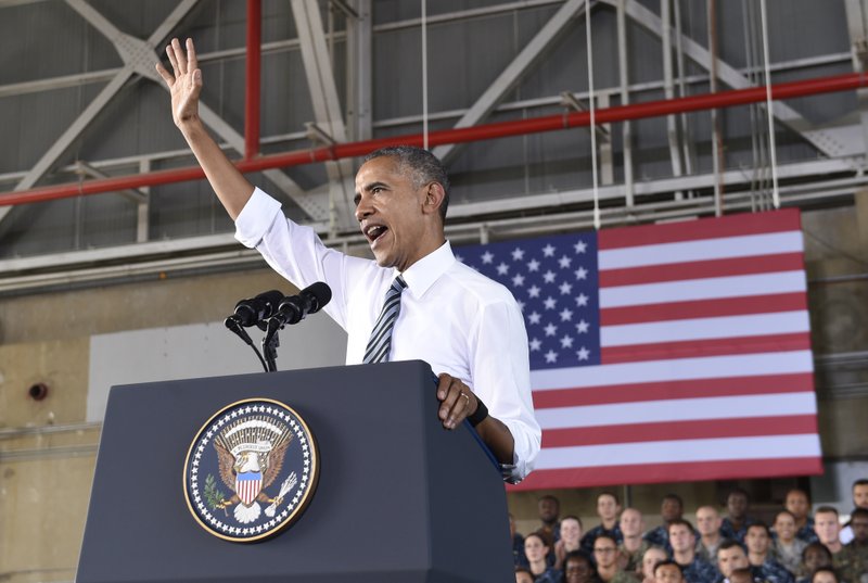 US President Barack Obama speaks to troops during a visit to Naval Station Rota in Cadiz, Spain, Sunday, July 10, 2016. Obama made a brief visit to Madrid and Naval Station Rota before heading back to Washington following the NATO Summit in Warsaw, Poland. (AP Photo/Susan Walsh)