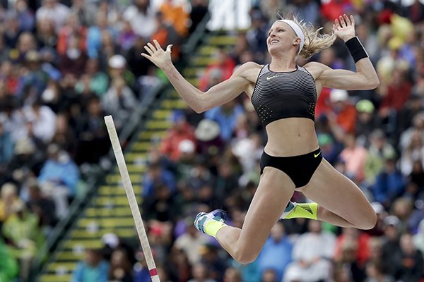 Sandi Morris competes during the women's pole vault final at the U.S. Olympic Track and Field Trials, Sunday, July 10, 2016, in Eugene Ore. (AP Photo/Charlie Riedel)
