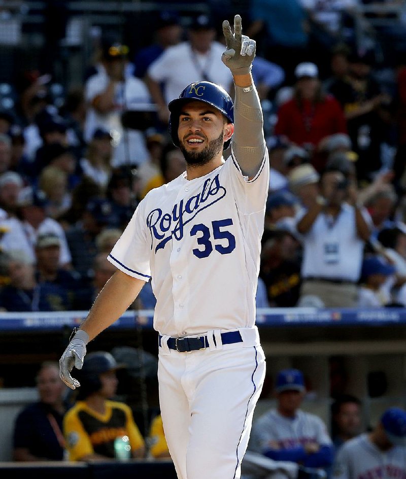 Eric Hosmer of the Kansas City Royals celebrates after hitting a home run for the American League in Tuesday night’s All-Star Game. He also had an RBI single and was named the game’s MVP.