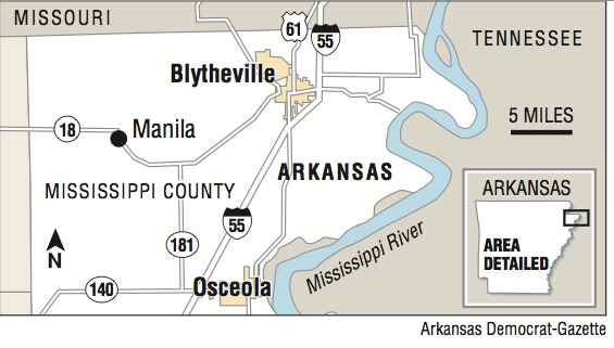 A map showing the location of Osceola and Blytheville.