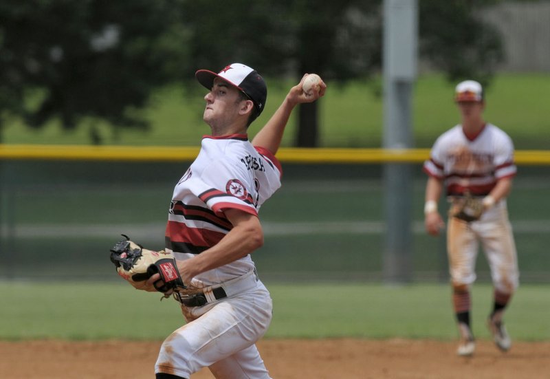 NWA Democrat-Gazette/BEN GOFF @NWABENGOFF Logan Easley from Rogers Heritage pitches for Rawlings Arkansas Prospects-Menard on Thursday July 7, 2016 during the Super 16 baseball tournament game against Perfect Timing Red at Veterans Park in Rogers.