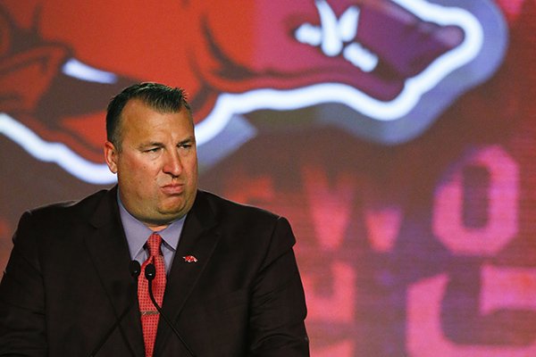 Arkansas coach Bret Bielema speaks to the media at the Southeastern Conference NCAA college football media days, Wednesday, July 13, 2016, in Hoover, Ala. (AP Photo/Brynn Anderson)
