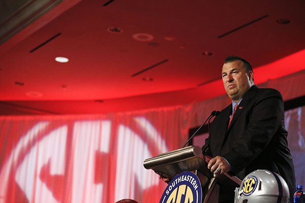 Arkansas coach Bret Bielema speaks to the media at the Southeastern Conference NCAA college football media days, Wednesday, July 13, 2016, in Hoover, Ala. (AP Photo/Brynn Anderson)