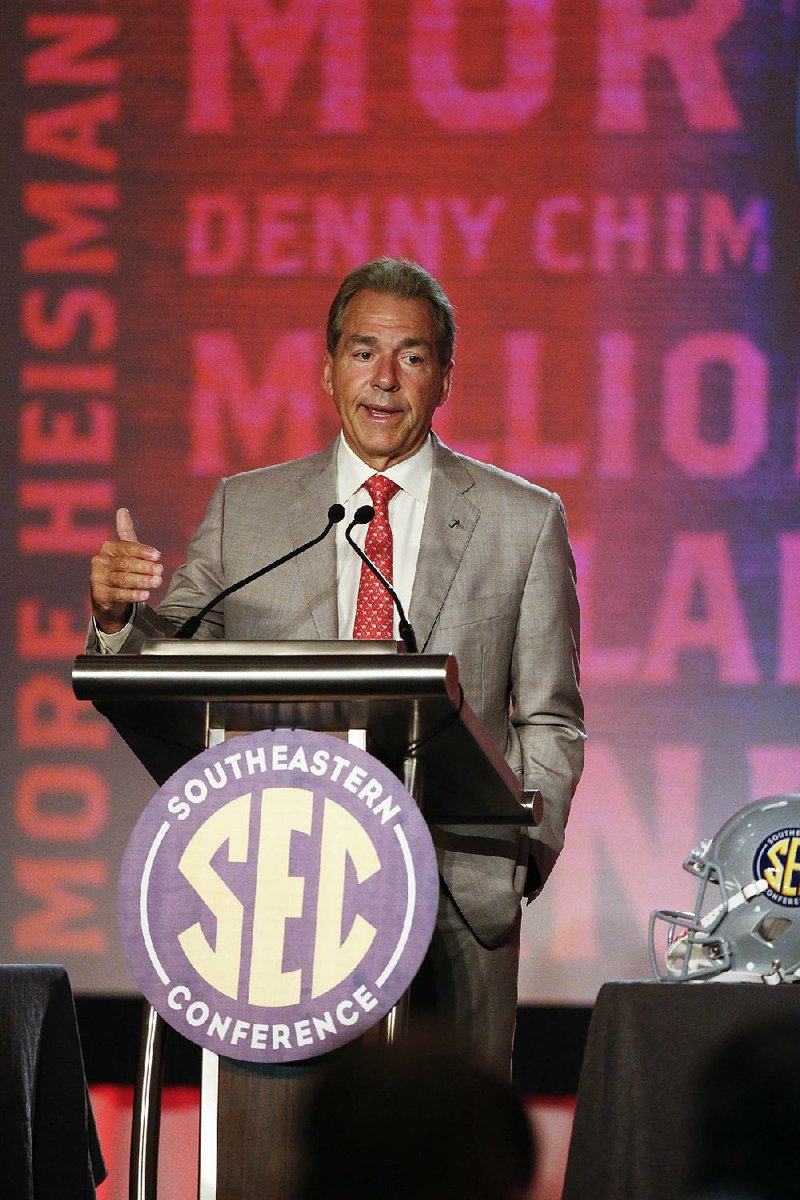 Alabama coach Nick Saban speaks to the media at the Southeastern Conference NCAA college football media days, Wednesday, July 13, 2016, in Hoover, Ala. (AP Photo/Brynn Anderson)