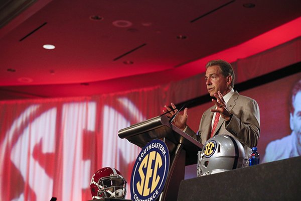 Alabama coach Nick Saban speaks to the media at the Southeastern Conference NCAA college football media days, Wednesday, July 13, 2016, in Hoover, Ala. (AP Photo/Brynn Anderson)
