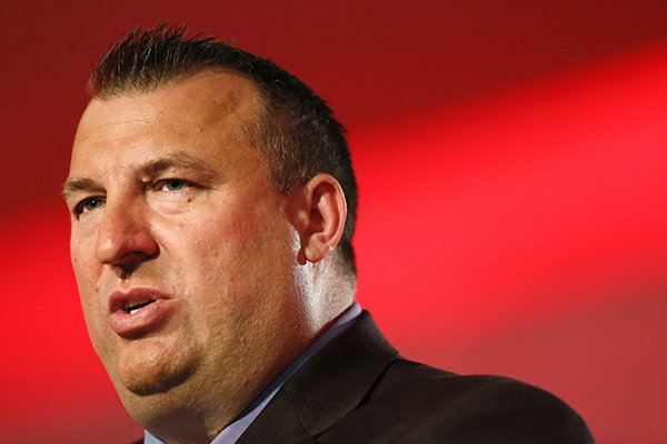 Arkansas coach Bret Bielema speaks to the media at the Southeastern Conference NCAA college football media days, Wednesday, July 13, 2016, in Hoover, Ala. (AP Photo/Brynn Anderson)
