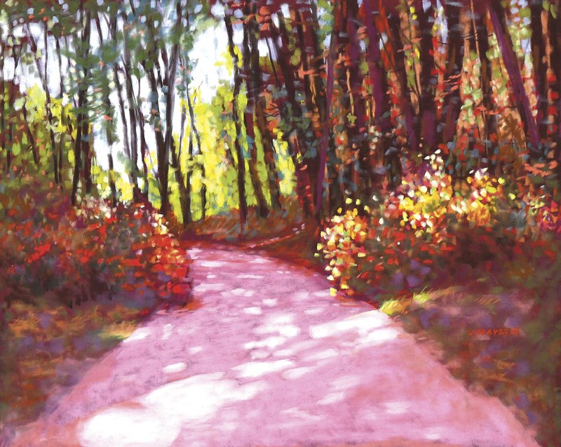 “Afternoon Glow” demonstrates artist Julie Mayser’s style of using brightly colored landscapes bathed in light to highlight the tranquility of nature.