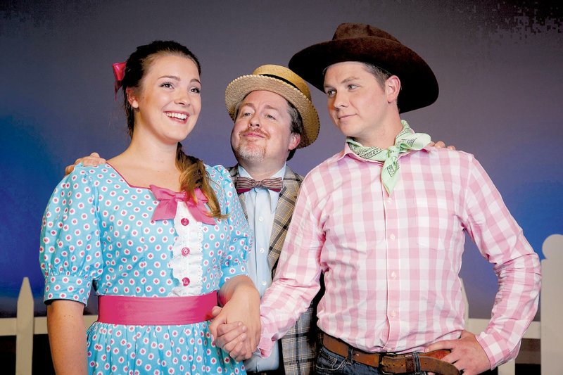 Marriah Geels as Ado Annie charms both Ali Hakim (played by Michael Weir, center) and James Miskimen as Will Parker in ACO’s “Oklahoma.”