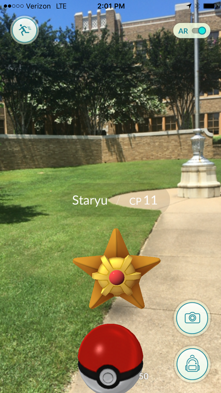 The Pokemon Go app directed a reporter to a "Staryu" swimming in the pool at Little Rock Central High School. The creature promptly fled onto the nearby grass. 